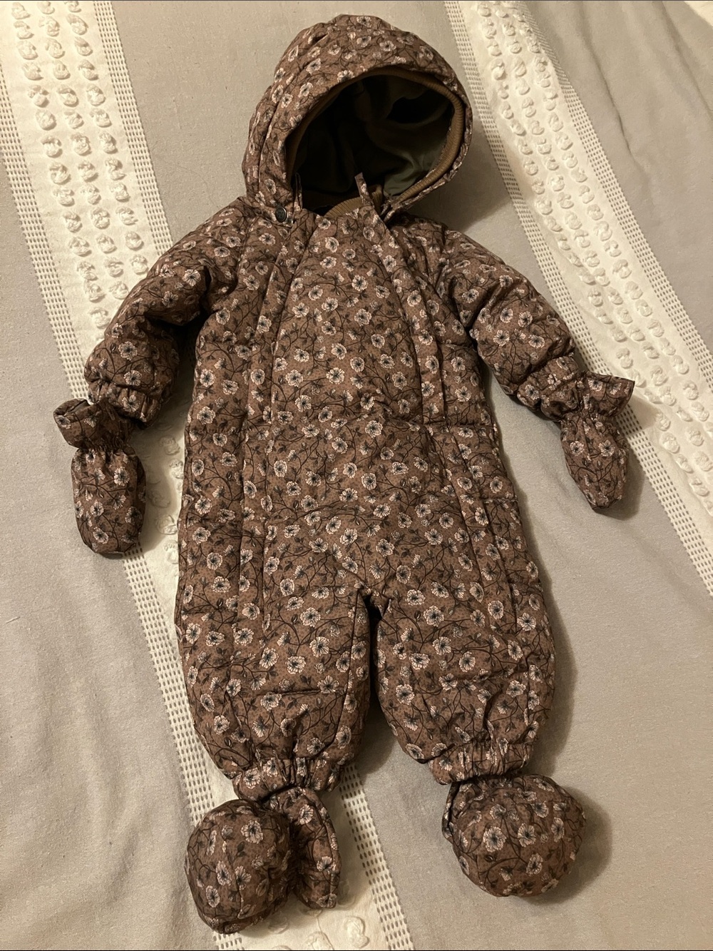 Cozy Floral Quilted Brown Baby One-Piece Snowsuit with Hood